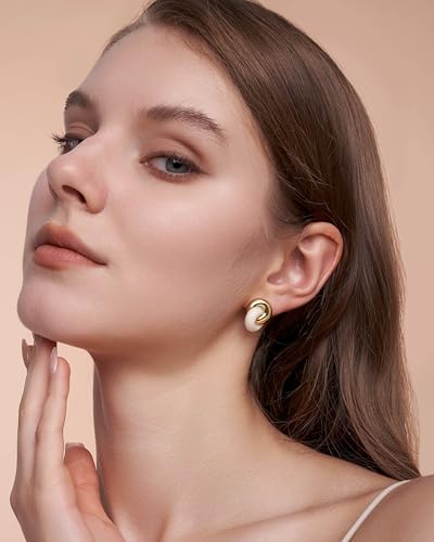 Small Twist Interlock Chunky 18K gold plated Gemstone Natural Stone (Brown, Green, Pink, White) Statement Earrings for Women by SNGIA, Dainty Love Knot Tiger Eye Amber Jade Tourmaline Bold Handmade Exaggerated Dome Retro Rounded Button Half Ball Trendy Bo