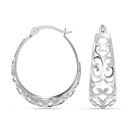 LeCalla 925 Sterling Silver Chunky Hoop Earrings | Filigree Heart Hoop Earrings for Women | Oval & Round Mesh Filigree Click-Top Hoops Earring | Hypoallergenic Earrings for Women - color: Silver Oval Filigree 24MM