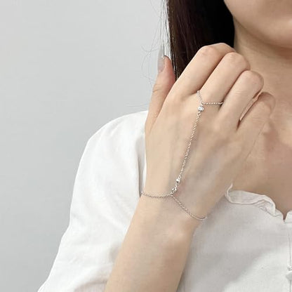 Kakikaki 925 Sterling Silver Finger Ring Bracelet Hand Chain for Women | Slave Bracelets 7" to 9" Adjustable - color: Silver, style: 3 Diamond