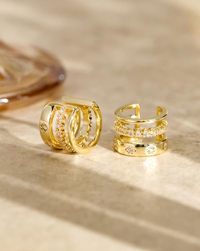 Ear Cuff for Women, 14K Gold/White Gold Plated Ear Cuffs Non Piercing Hypoallergenic Jewelry Gift - color: triple stack gold