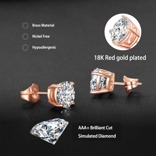 Gemsme 5 Pairs Princess Cut Cubic Zirconia Stud Earrings for Women/Men - 18K Gold Plated Hypoallergenic 3-7mm Square Clear CZ Earring Set - color: Rose Gold-Round 4 Prong