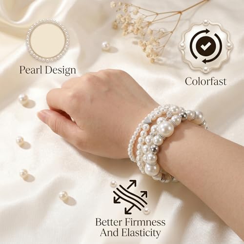 4 Pcs Pearl Bracelets for Women, White Simulated Pearl Beaded Bracelet Set, Stretch Stackable Faux for Women, Elegant Bridal Jewellery