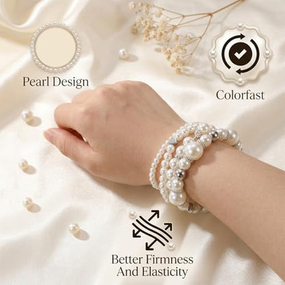 4 Pcs Pearl Bracelets for Women, White Simulated Pearl Beaded Bracelet Set, Stretch Stackable Faux for Women, Elegant Bridal Jewellery