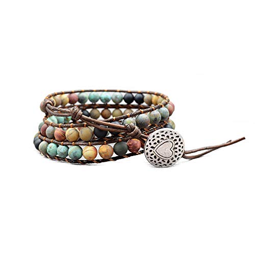 Fashion Love Heart Beaded Leather 3 Wrap Bracelets for Women Handmade Boho Natural Stone Ball Beads Wrist Bracelet Nice Gifts New Adjustable
