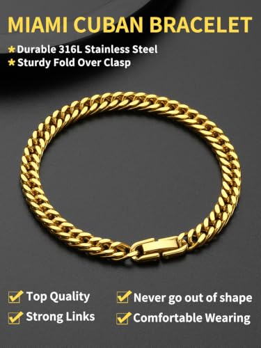 ChainsHouse Stainless Steel Cuban Link Bracelet, 6mm/8mm/12mm/17mm Width, 7.5"/8.3"/9", Black/ 18K Gold Plated Chain Wrist Bracelets for Men Women, Send Gift Box - color: M: Gold-6mm width