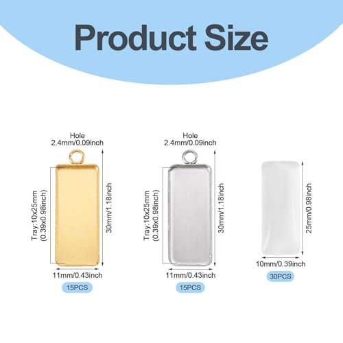 Craftdady Stainless Steel Pendant Cabochon Settings Heart Square Teardrop Flat Round Oval Rectangle Blank Bezel Trays Base Pendant with Glass Cabochons for DIY Earrings Necklace Jewelry - color: Golden & Stainless Steel Color Rectangle