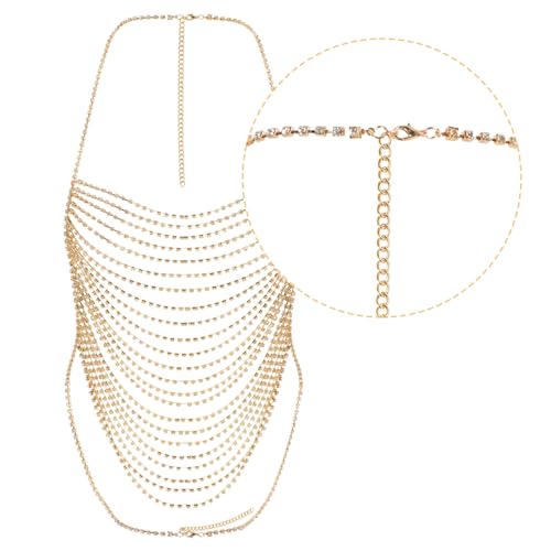 Multi-Layer Body Chain Necklace Rhinestone Chain Halter Top Body Jewelry Sexy Tassel Chest Chain Rave Nightclub Accessory - color: Gold