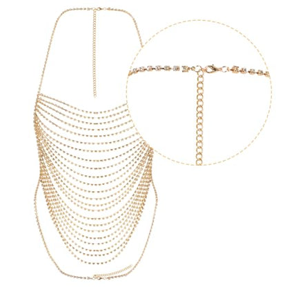 Multi-Layer Body Chain Necklace Rhinestone Chain Halter Top Body Jewelry Sexy Tassel Chest Chain Rave Nightclub Accessory - color: Gold