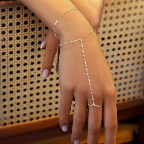 Emibele Gold Bracelets for Women, 18K Gold Plated Hand Chain, Cubic Zirconia Stainless Steel Non Tarnish Hand Chain Bracelet with Finger Ring, Adjustable Trendy Jewelry Valentines Day Gifts for Women - style: Sparkling Chain