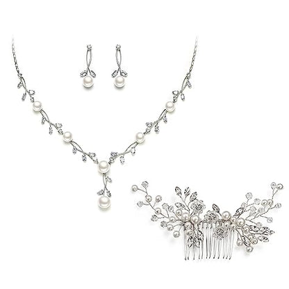 EVER FAITH Cubic Zirconia Pearl Leaf Vine Wedding Jewelry Set for Bride | Crystal Filigree Bridal Necklace Earrings, for Women Bridesmaid - color: 3pcs_Hair Comb