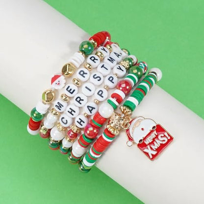 Ardorchid Halloween Bracelets for Women Pumpkin Ghost Steleton Bat Skull Beaded Stackable Stretchy Bracelet Rugby Thanksgiving Christmas Heishi Bracelets - color: Christmas Bracelets-5