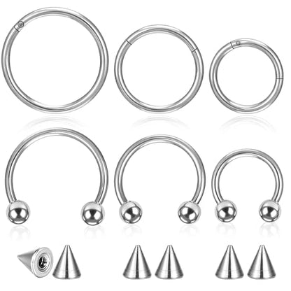 SynHHergyx 6 Pcs Nose Septum Rings 16G Horseshoe Lip Earring Ring Hoops Nose Piercing Jewelry 8mm 10mm 12mm Eyebrow Hoop Rings Piercing Jewelry - color: Silver