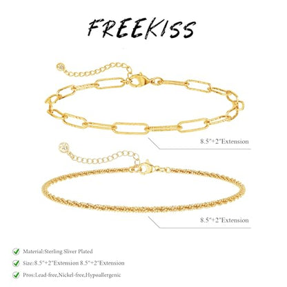 Freekiss Sparkle Glitter Waterproof Ankle Bracelets for Women Trendy | Dainty Layered Anklet for Women Adjustable Womens Anklet Set Stackable Beaded Cuban Link Anklets Beach Jewelry for Women - color: 2 Layered Anklet Paperclip-GD