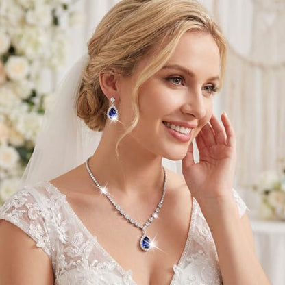 Unicra Bride Crystal Necklace Earrings Set Bridal Wedding Jewelry Sets Rhinestone Choker Necklace Prom Costume Jewelry Set for Women and Brides - color: Dark Blue