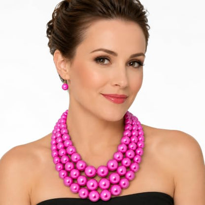 Simulated Pearl Necklace & Earring Set, Multi Strand - color: Hot Pink