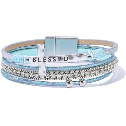 Boho Leather Wrap Bracelets Beaded Stackable Cuff Bracelet Country Concert Outfits Cowboy Cowgirl Western Jewelry Gifts for Women - color: Cross-Teal