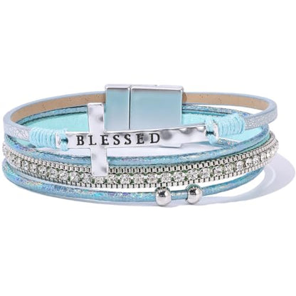 Boho Leather Wrap Bracelets Beaded Stackable Cuff Bracelet Country Concert Outfits Cowboy Cowgirl Western Jewelry Gifts for Women - color: Cross-Teal