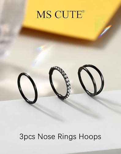 316L Stainless Steel Nose Ring Set – 3PCS Nose Hoops with Cubic Zirconia, 20G/18G, Silver/Black/Gold, 7mm/8mm Sizes, Seamless & Hinged Design for Sensitive Skin Jewelry - color: Black, size: 18g 8mm