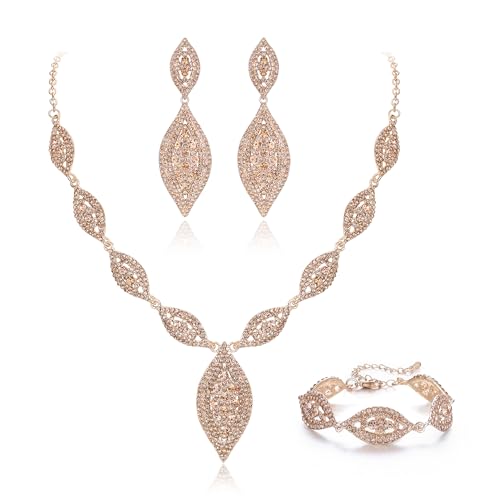 Flyonce Wedding Jewelry Set Rhinestone Crystal Bridal Leaf Necklace Drop Dangle Chandelier Earrings Sets for Women - color: Champagne Color