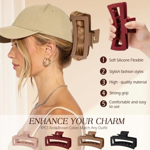 4 Pcs Flexible Hair Clip, 5 Inch Flexible Claw Clip for Women Girls | Unsnappable Soft Claws Clips for Lying Down & Driving, Non-slip Strong Hold Hair Clips for Thin Thick Hair, Brown&Red - color: Brown&Red-B