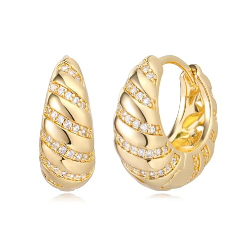 Women Gold Earrings Huggie Hoop Cubic Zirconia 14K Gold Plated Small Simple Hypoallergenic Everyday Jewelry - style: Chunky Croissant