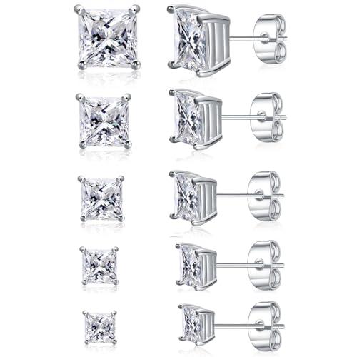 6 Pairs Cubic Zirconia Stud Earrings for Women/Men - Round Cut 4 Prong Settings 18K Gold Plated Hypoallergenic 3-8mm Clear Earrings Set - color: 3-7mm White Gold - Square 4 Prong