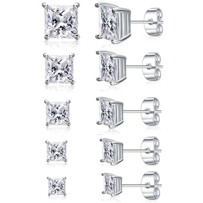 6 Pairs Cubic Zirconia Stud Earrings for Women/Men - Round Cut 4 Prong Settings 18K Gold Plated Hypoallergenic 3-8mm Clear Earrings Set - color: 3-7mm White Gold - Square 4 Prong