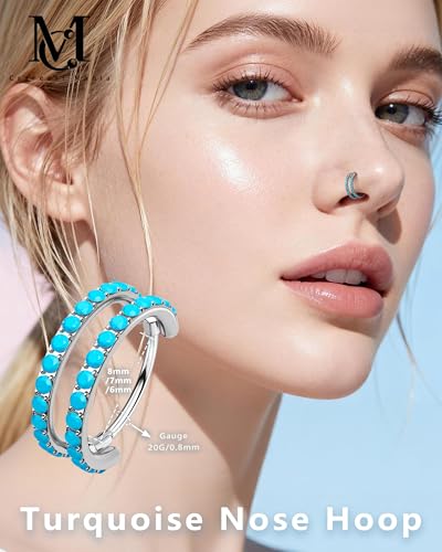 Nose Ring Hoop, 316L Stainless Steel Double Nose Rings, 20G Nose Piercing Jewelry for Women, Clear CZ Helix Cartilage Septum Nose Hoops - color: Turquoise-Silver-6mm