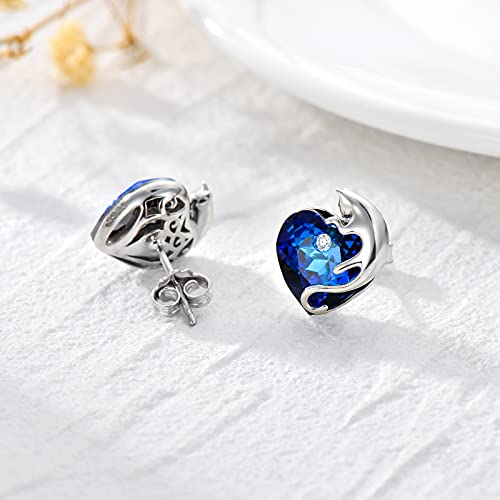 AOBOCO 925 Sterling Silver Cute Cat Studs Earrings for Women | Heart Crystals from Austira Cats Jewelry Gifts for Cat Lovers - color: Sapphire Blue