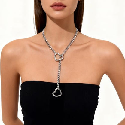 Artmiss Heart Slip Chain Necklace Cuban Long Chain Affection Link Necklace Submissive Collar Chokers for Women - color: Silver
