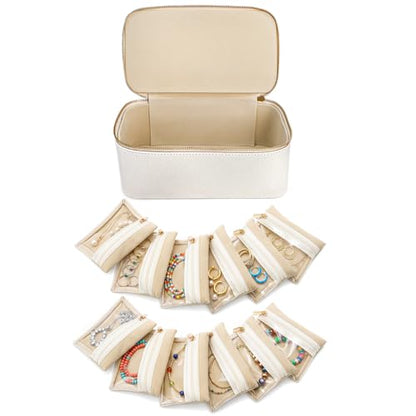 Hacaroa Large Travel Jewelry Case with 12 Velvet Pouches, 8.3 x 4.5 x 3.5 inches Jewelry Storage Organizer Box PU Leather, Clear Necklace Earrings Rings Bags for Women Wedding Gifts, Cream White
