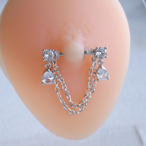 Dangle Chain Nipple Piercing Jewelry, CZ Gemstone Nipple Rings Surgical Steel for Women and Men, Silver Nipple Shields Barbell Rings, 14 Gauge A Pair