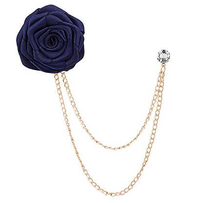 Fashion Bridegroom Wedding Brooches Cloth Art Hand-Made Rose Flower Brooch Lapel Pin Badge Tassel Chain Men's Suit Accessories - color: Navy blue