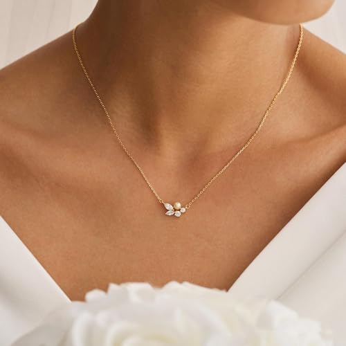 Pearl Necklaces for Women Trendy, Dainty Beaded Choker Necklace, 14K Gold Plated Station Chain, Simple Layering Wedding Prom Jewelry Gift - color: Gold Daisy CZ Pearl