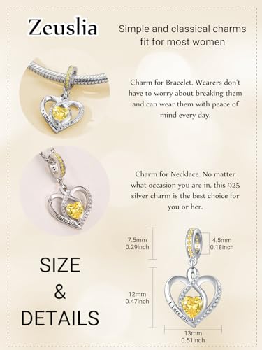 Heart Birthstone Charms for Bracelets, 925 Sterling Silver Women Bead Charms for Charm Bracelets Necklace, Mother's Day Birthday Anniversary Jewelry Gifts for Wife Mom Grandma Daughter - style: Dangle - Nov - Citrine