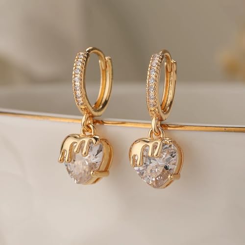 Huggie Earrings for Women - 14K Gold Plated Heart Earrings, Small Love Heart Drop Dangle Huggie Charm Earring, Dainty Huggie Hoop Earrings for Women - color: Gold-Heart-03