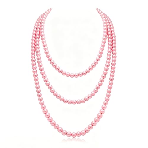 Long Pearl Necklaces for Women Cream White Faux Pearl Strand Layered Necklace Costume Jewelry - color: Pink
