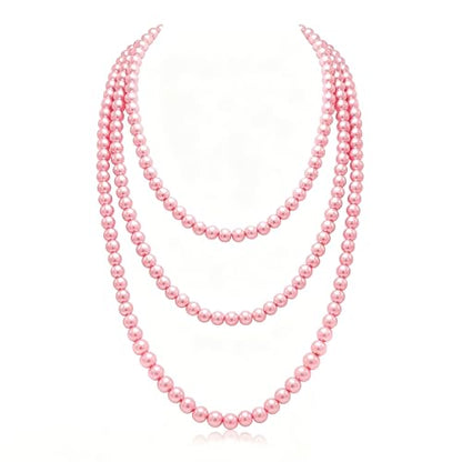 Long Pearl Necklaces for Women Cream White Faux Pearl Strand Layered Necklace Costume Jewelry - color: Pink
