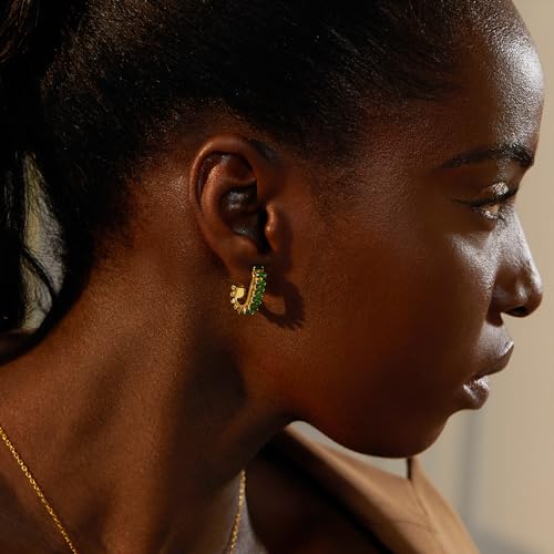 Green Crystal huggie gold hoop earrings for women Girls,14K Gold Plated with 925 Sterling Silver Post color Cubic Zirconia dainty cute Earrings| CZ Stud Earring - color: Green stone