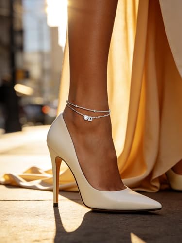 Bestyle Initial Anklet Bracelets for Women Waterproof Non Tarnish 14K Gold/White Gold Plated CZ Anklets for Women Dainty Layered Letter Heart Ankle Bracelets Adjustable Foot Chain Anklet - color: D
