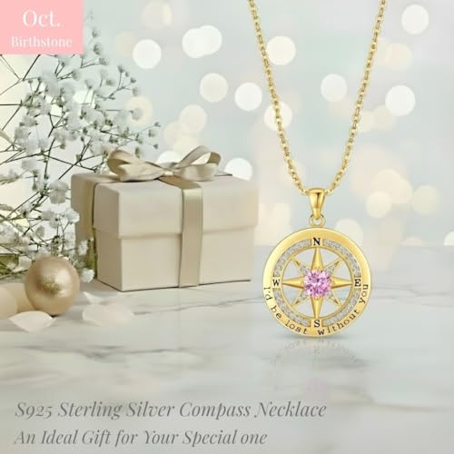 Compass Necklace for Women Wife Girlfriend Mom Daughter Gifts | S925 Silver Jewelry For Anniversary 18K Rose Gold Gifts For Birthday Christmas Mothers Valentines Day 12 Birthstones - style: 10-October-Gold