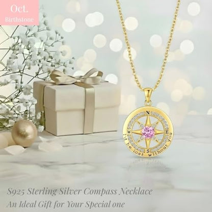 Compass Necklace for Women Wife Girlfriend Mom Daughter Gifts | S925 Silver Jewelry For Anniversary 18K Rose Gold Gifts For Birthday Christmas Mothers Valentines Day 12 Birthstones - style: 10-October-Gold