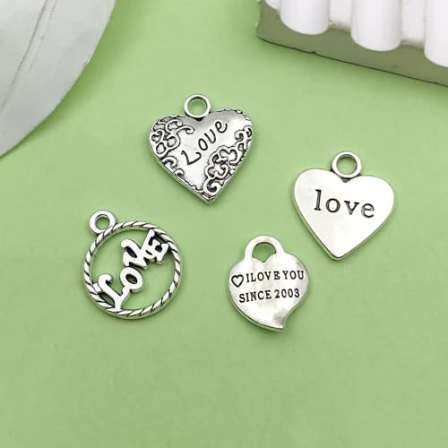 Sailanzi 100pcs Alloy Silver Love Series Pendant Jewelry Making DIY Keychain Earrings Pendant Various Design Charms for Jewelry Making Bracelets Necklace (SN299) - color: SN299