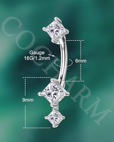16G Rook Earrings Square Zirconium Eyebrow Rook Piercing Jewelry Stainless Steel Vertical Lip Jewelry Belly Button Ring - color: WG-6MM