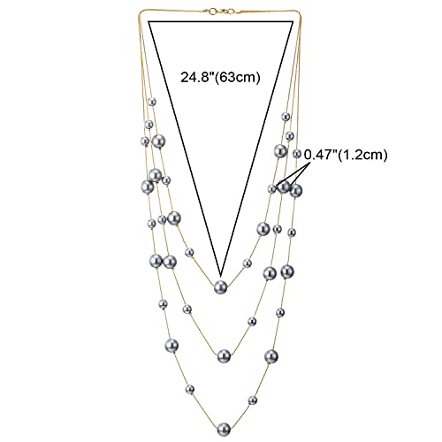 Statement Necklace Three-Strand Long Chains with Synthetic Pearl Beads, Elegant, Dress - color: D-Beads Color: Grey