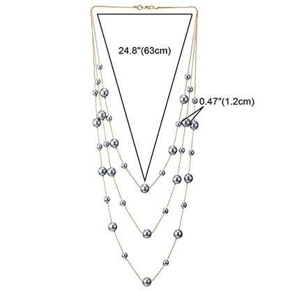 Statement Necklace Three-Strand Long Chains with Synthetic Pearl Beads, Elegant, Dress - color: D-Beads Color: Grey