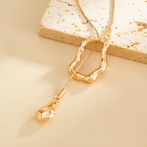 Trendy Long Gold or Silver Teardrop Tassel Y Necklace, Delicate Hollow Irregular Geometric Necklaces for Women Punk Party Charm Statement Jewelry Gift - color: Gold 2