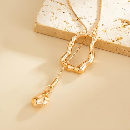 Trendy Long Gold or Silver Teardrop Tassel Y Necklace, Delicate Hollow Irregular Geometric Necklaces for Women Punk Party Charm Statement Jewelry Gift - color: Gold 2