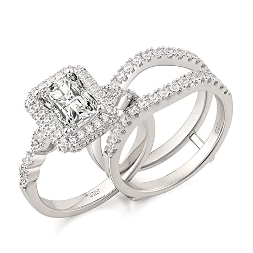 Newshe Jewellery Moissanite Wedding Sets for Women 925 Sterling Silver Engagement Rings Set Radiant Bridal Band Enhancer Size - color: Moissanite