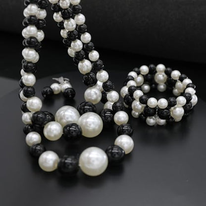 We We Imitation Pearl Necklace for Women Large Chunky Pearl Necklaces Multilayer Pearl Necklace and Earring 1920s Costume Jewelry set - color: Black white pearl necklace set